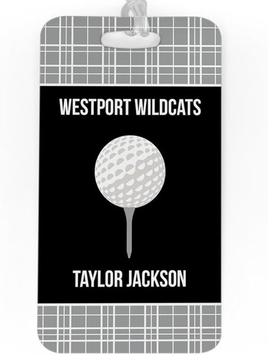 ChalkTalkSPORTS Golf Luggage & Bag Tag | Personalized Team with Golf Ball | Standard Lines on Back | Large | Gray/Black