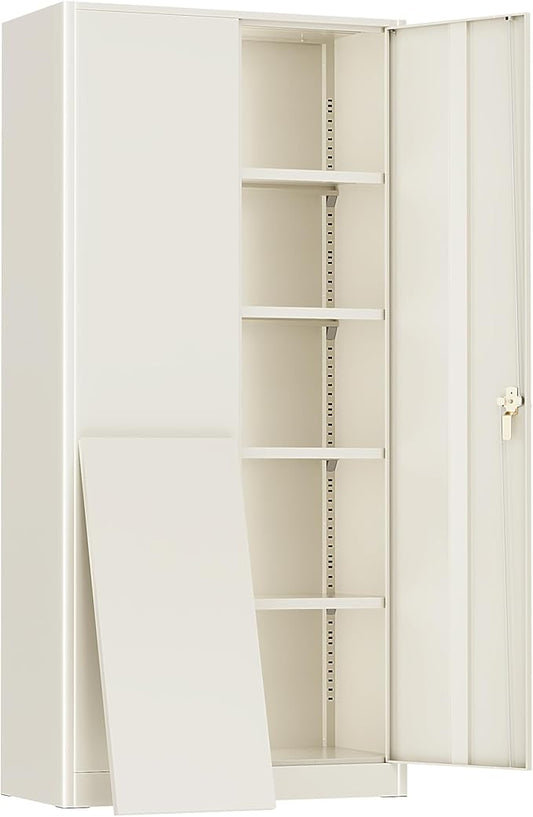 SUNCROWN 72" Metal Storage Cabinet - Heavy-Duty Metal Garage Cabinet with 4 Adjustable Shelves & 2 Doors for Tools, Office, Home, Workshop,Warm Grey