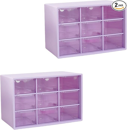 Feadily 2PCS Small Drawer Organizer for Desk, Desktop Drawer Organizer with 9 Clear Drawers, Plastic Desktop Storage Drawers 7.1 Inch x 3 .9 Inch x 4.7 Inch, Purple