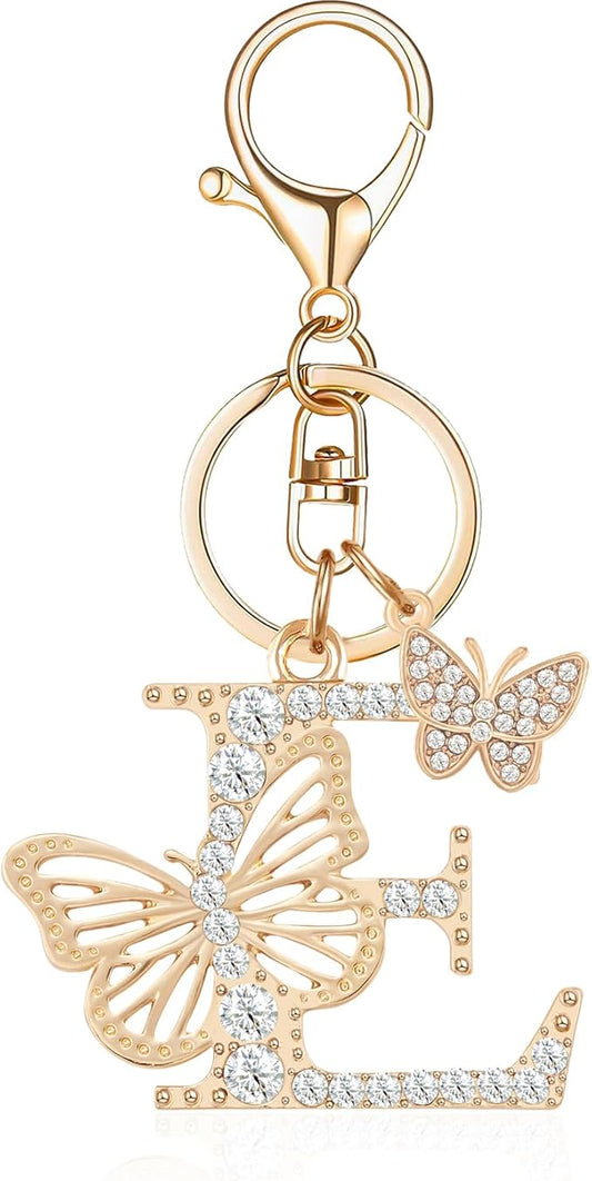 Gold Plated Alphabet Initial Letter Keyring Keychain for Women Girls Crystal Key Chains for Wallet Backpack Bag Charm