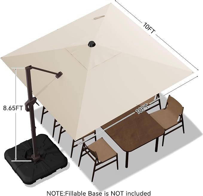 10x10FT Cantilever Outdoor Umbrella, 360° Rotating Large Offset Square Patio - Image 3