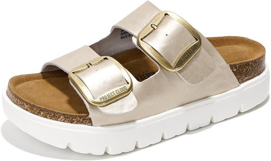 Project Cloud Genuine Leather Platform Sandals Women Footwear - Wedge Chunky Sandals Womens sandals with Memory Foam Insole and Cork Footbed (GREECECHUNKY)