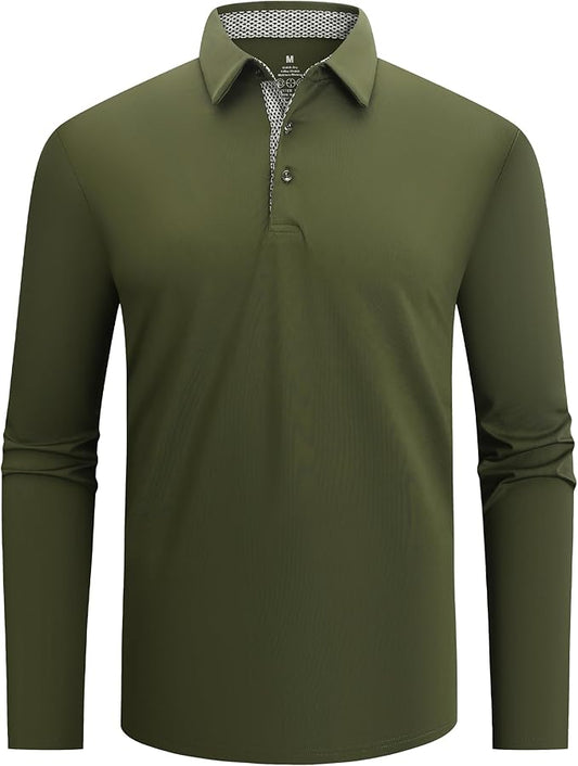Alex Vando Mens Golf Shirt Moisture Wicking Quick-Dry Solid Long Sleeve Polo Shirts for Men
