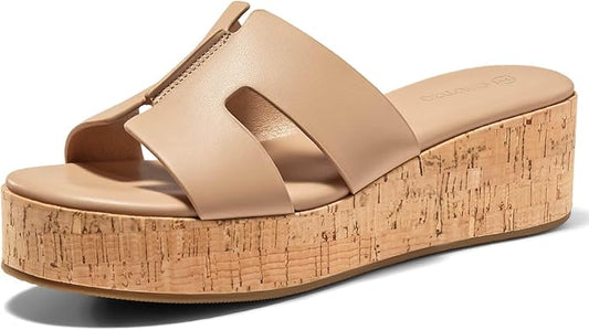 Coutgo Women's Platform Wedge Sandals Open Toe Slip On Slides Cork Heeled Cutout Comfortable Summer Shoes