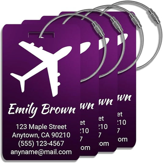 Personalized Luggage Tags for Suitcases 4 Pack – Custom Metal Name Tag for Travel, Golf Bag, and Baggage – Durable Aluminum Luggage Name Tags (Adventure Collection, Purple)