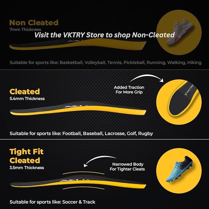 VKTRY Gold for Cleated Shoes - Carbon Fiber Performance Insoles Customized Athletic Inserts for Football, Baseball, Soccer, Golf, Lax & More | Run Fast, Jump High, US M10-10.5, W12-12.5, 171-220lb