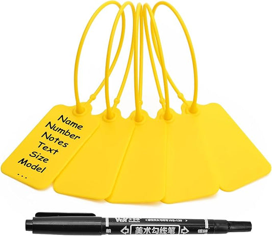 100 Yellow Blank Plastic Tags for Labeling Waterproof Hanging Labels Writable Tags Seal Plastic Marking Label for Clothes Bags Keys Inventory with One Marker Pen