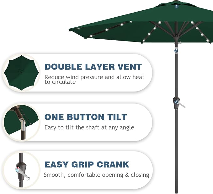 9FT Patio Umbrella with Solar Lights, Outdoor Market Umbrella with Tilt and - Image 2