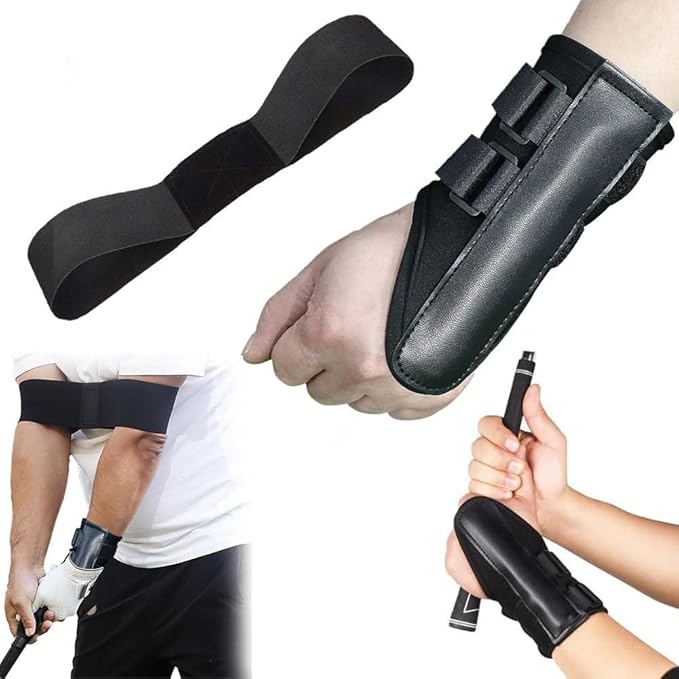 2 Pack Golf Swing Training Aid with Arm Band and Wrist Strap, Black Golf Training Kit for Muscle Memory Development, Wrist Angle Correction, Beginner Golfers Practice Equipment