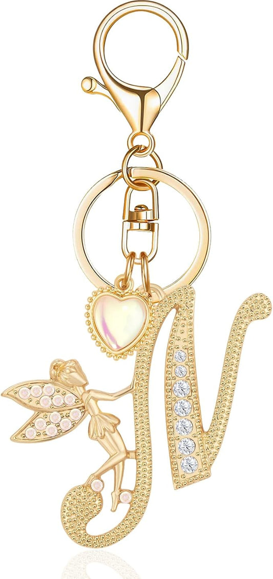 Gold Plated Alphabet Initial Letter Keyring Keychain for Women Girls Crystal Key Chains for Wallet Backpack Bag Charm