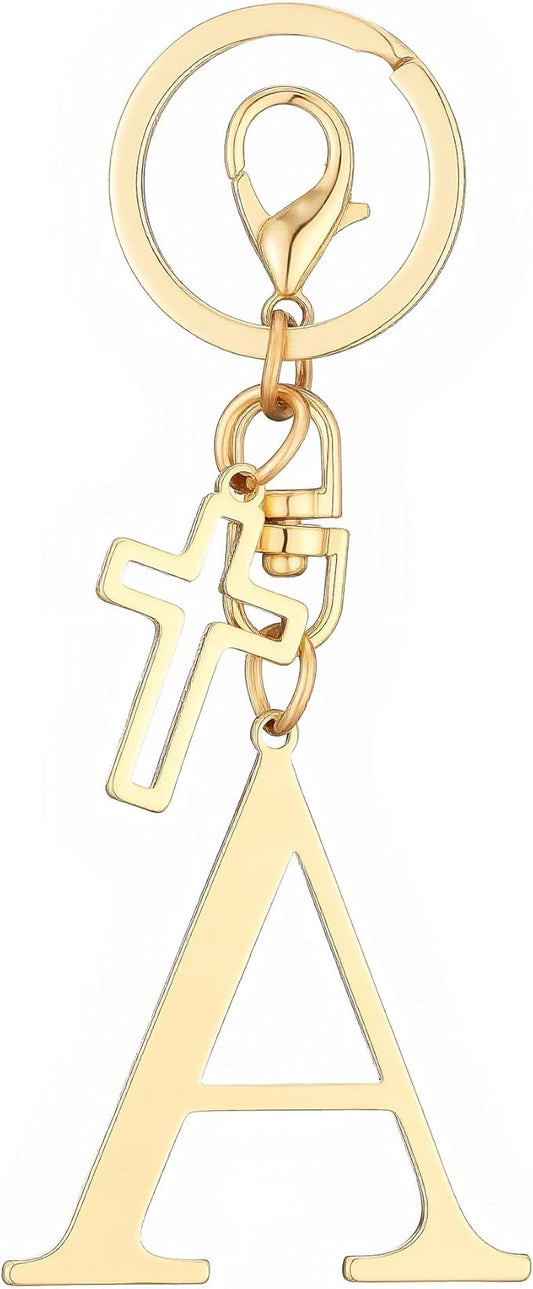 Gold Initial Keychain for Women A-Z Letter Cross Keychains Alphabet Key Chain bag Accessories Gift for Christian