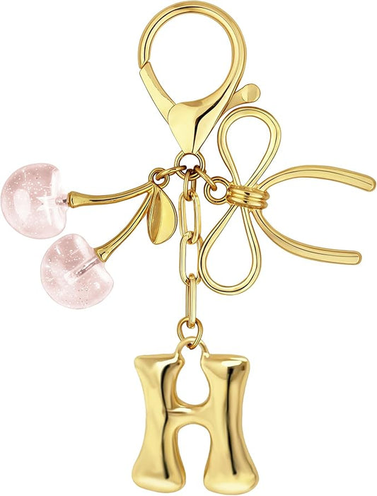 Gold Bubble Heart, Cherry, Bow & More Designs Letter Initial Keychain Bag Charms – Cute Purse Charms for Handbags
