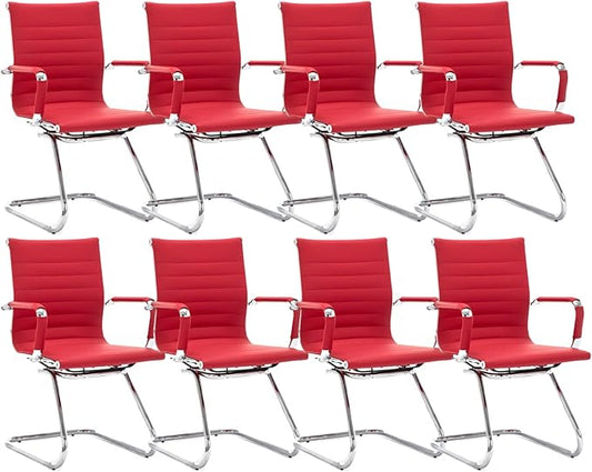 CIMOTA Waiting Room Chairs Leather Office Guest Chair Mid Back Reception Chairs with Sled Base for Meeting/Patient/Conference Room, Red Set of 8