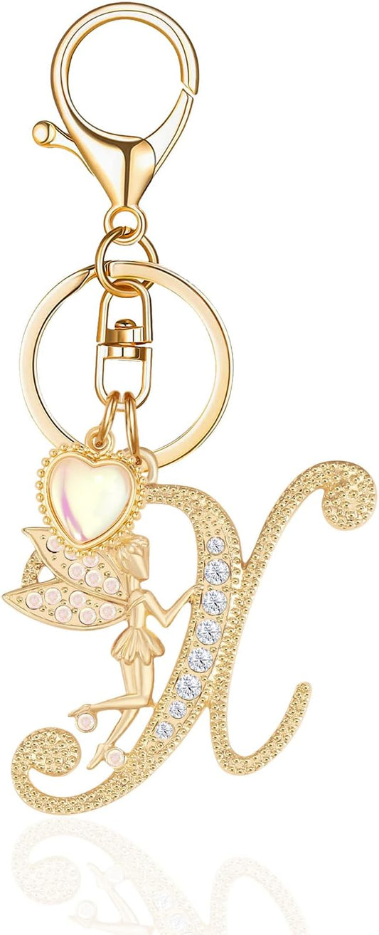 Gold Plated Alphabet Initial Letter Keyring Keychain for Women Girls Crystal Key Chains for Wallet Backpack Bag Charm