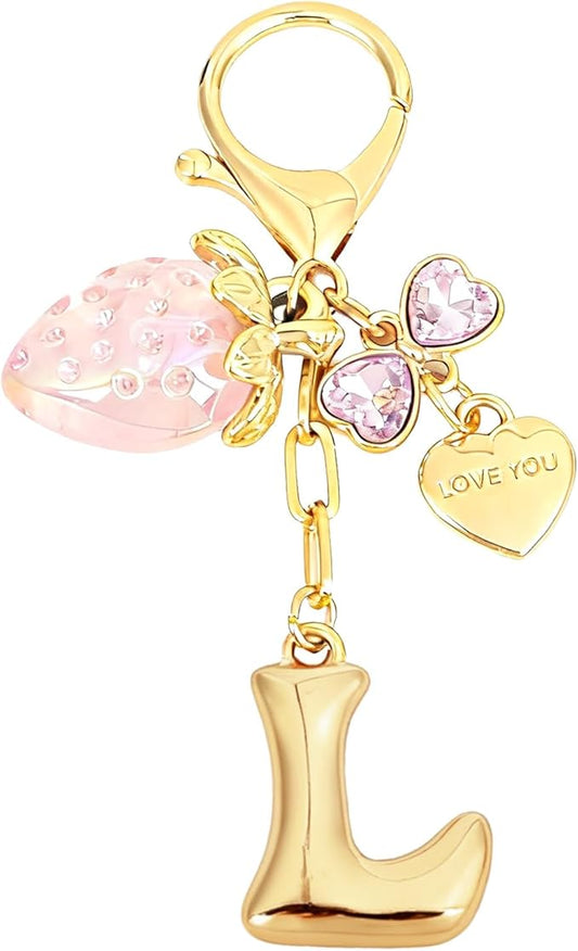 Snycler Bubble Initial Keychain with Strawberry & Bow- Gold Letter Bag Charms for Women, Cute Purse Handbag Accessories