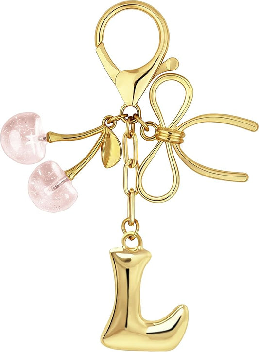 Gold Bubble Heart, Cherry, Bow & More Designs Letter Initial Keychain Bag Charms – Cute Purse Charms for Handbags
