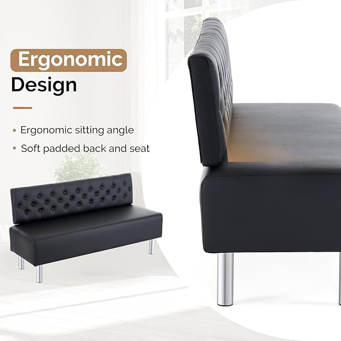OmySalon Waiting Room Bench with Back, 58.6’’ Office Guest Chair Upholstered Reception Seating, Lobby Furniture for Beauty Salon Barbershop Airport Bank Hall Room Conference, Button Tufted, Black