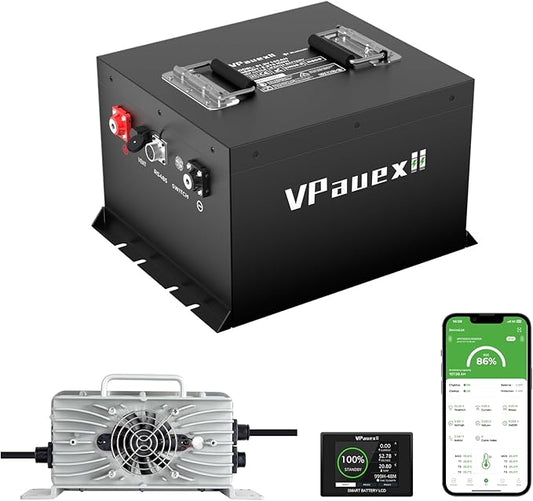 48V 105Ah Mini Lithium Golf Cart Battery,48V Golf Cart Batteries with 22A Lithium Charger,Built-in 200A BMS,Metal Casing,Supports Mobile APP,Touch Monitor,6000+ Cycles,Peak Current 600A