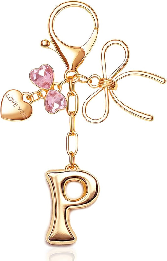 Gold Bubble Initial Keychain with Bow Decoration Bag Charms for Women, Cute Purse Handbag Accessories Gift