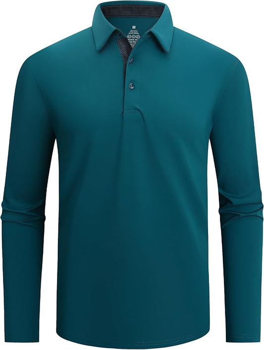 Alex Vando Mens Golf Shirt Moisture Wicking Quick-Dry Solid Long Sleeve Polo Shirts for Men