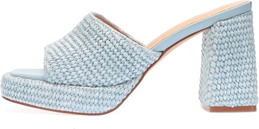 Monrovia Womens Sandals Heels for Women Slide On Block Chunky Platform High Heels Open Toe Raffia Wedge Sandals