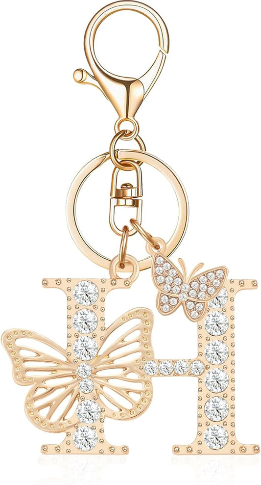 Gold Plated Alphabet Initial Letter Keyring Keychain for Women Girls Crystal Key Chains for Wallet Backpack Bag Charm