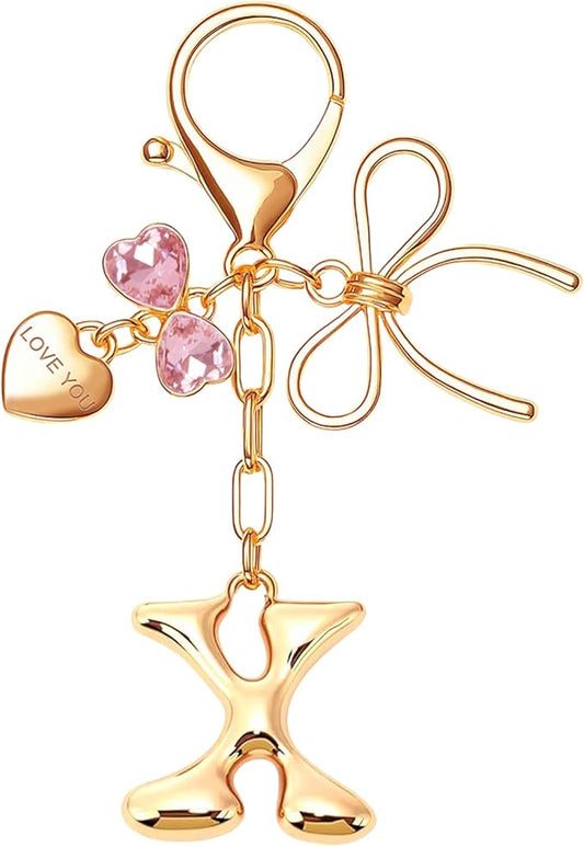Gold Bubble Initial Keychain with Bow Decoration Bag Charms for Women, Cute Purse Handbag Accessories Gift