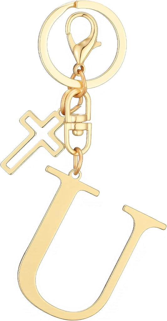 Gold Initial Keychain for Women A-Z Letter Cross Keychains Alphabet Key Chain bag Accessories Gift for Christian
