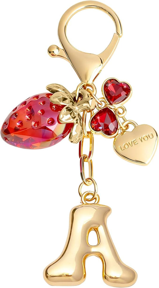 Snycler Bubble Initial Keychain with Strawberry & Bow- Gold Letter Bag Charms for Women, Cute Purse Handbag Accessories