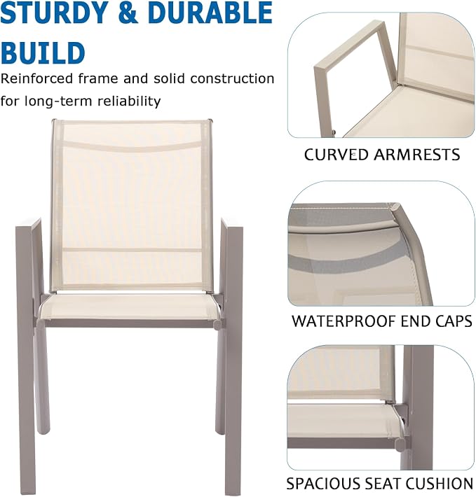 Outdoor Patio Chairs Set of 6, Ivory Beige Stackable Outdoor Chairs, - Image 5