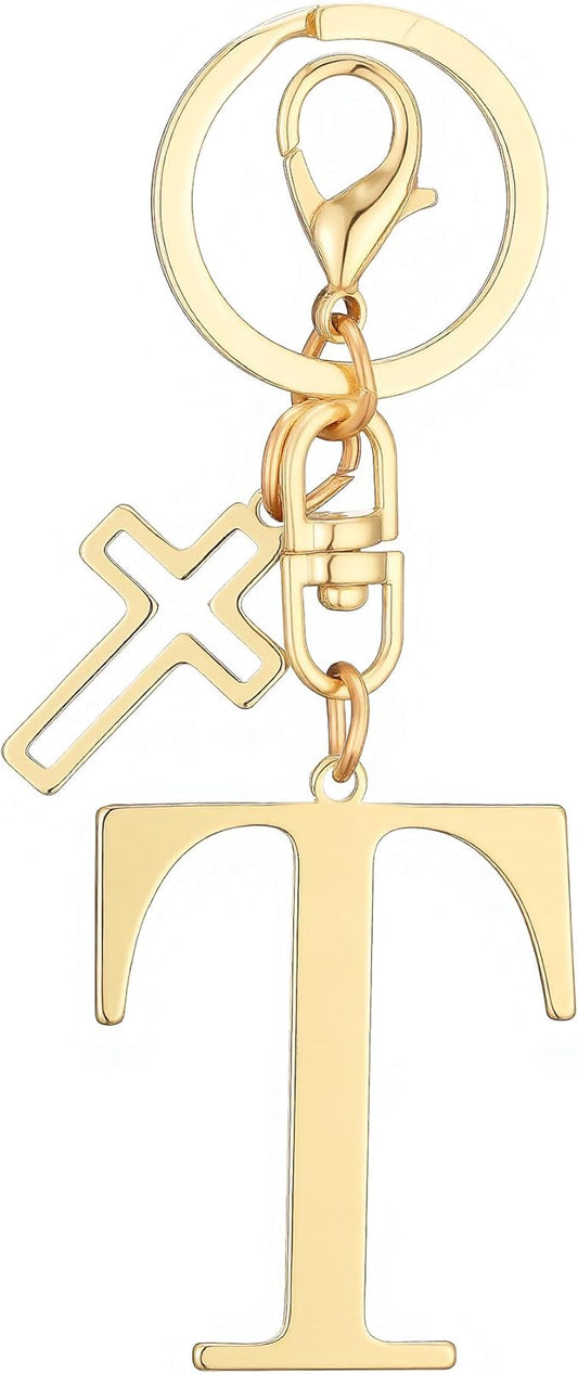 Gold Initial Keychain for Women A-Z Letter Cross Keychains Alphabet Key Chain bag Accessories Gift for Christian
