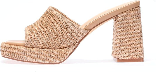 Monrovia Womens Sandals Heels for Women Slide On Block Chunky Platform High Heels Open Toe Raffia Wedge Sandals