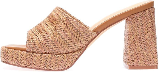 Monrovia Womens Sandals Heels for Women Slide On Block Chunky Platform High Heels Open Toe Raffia Wedge Sandals
