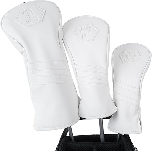 Golf Club Head Covers for Woods and Drivers, Premium PU Leather Striped Simple Golf Club Covers, Golf Headcovers Set All White, Customizable