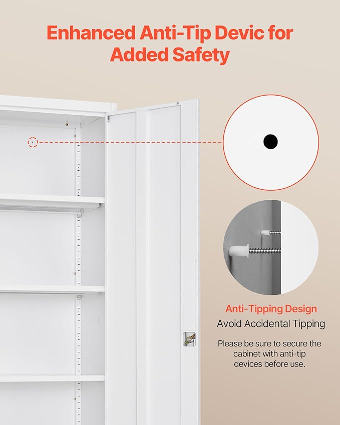 VEVOR Metal Storage Cabinet, Lockable Steel Garage Cabinet with Adjustable Shelves, 2 Magnetic Doors, 2 Keys, 5-Tiers Tool Storage Locker for Home,Office,School,Pantry,Warehouse,Basement,Laundry,White