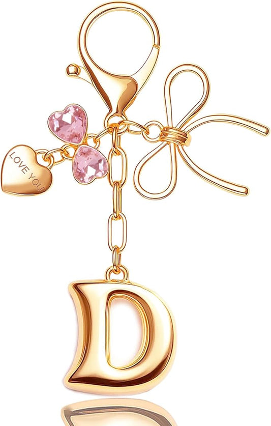 Gold Bubble Initial Keychain with Bow Decoration Bag Charms for Women, Cute Purse Handbag Accessories Gift