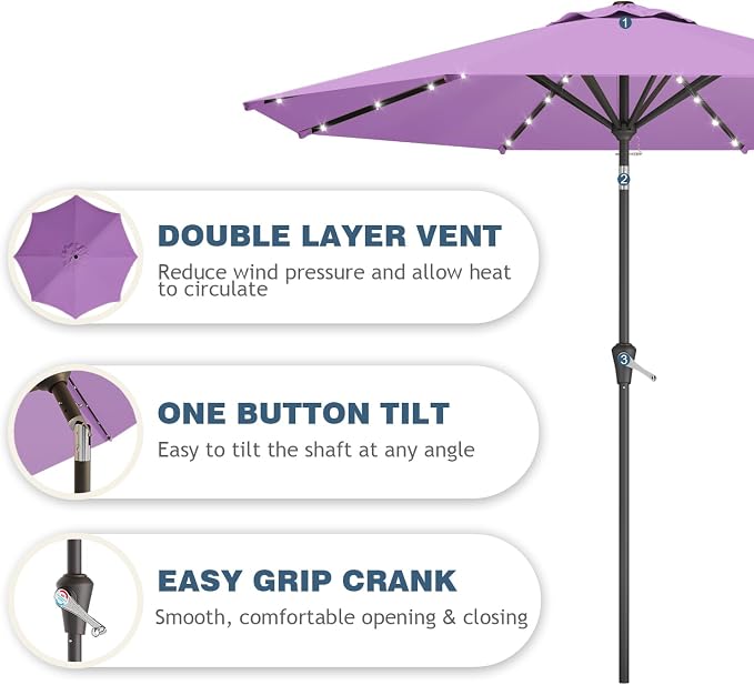 9FT Patio Umbrella with Solar Lights, Outdoor Market Umbrella with Tilt and - Image 2