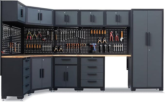 15-Piece Corner Garage Storage Cabinet System - Heavy Duty Workshop Set w/Corner Cabinet Includes Workbench, Pegboard & Lockable Drawers | Metal Tool Organization System for Garage/Workshop