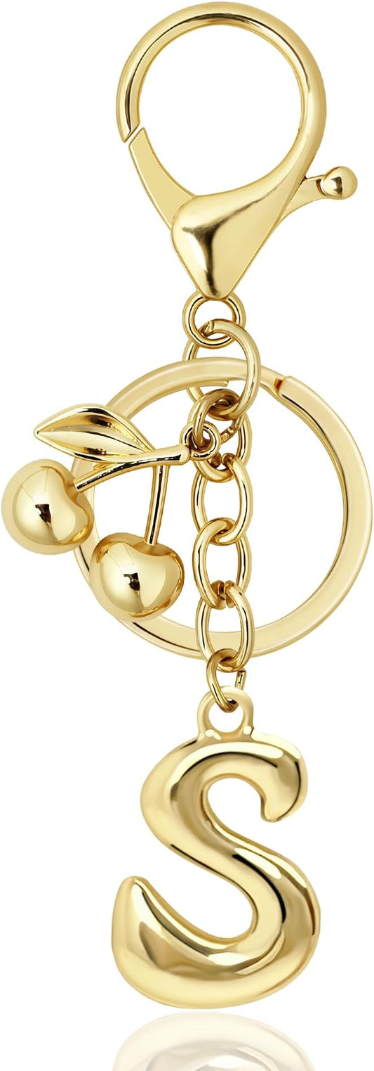 Gold Bubble Heart, Cherry, Bow & More Designs Letter Initial Keychain Bag Charms – Cute Purse Charms for Handbags