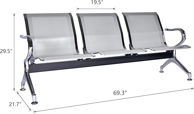 3-Seat Waiting Room Chairs - Waiting Room Bench with Arms Airport Reception Bench Guest Reception Chairs Lobby Bench Waiting Area for Airport Market Bank Hospital School Barbersho, Silver