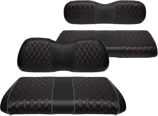 4PCS Golf Cart Diamond Seat Covers Kit, Fits Club Car Precedent 2004+ Golf Cart Vinyl Replacement Seat Cover （Black Stitching, No Stapler, Easy to Clean）