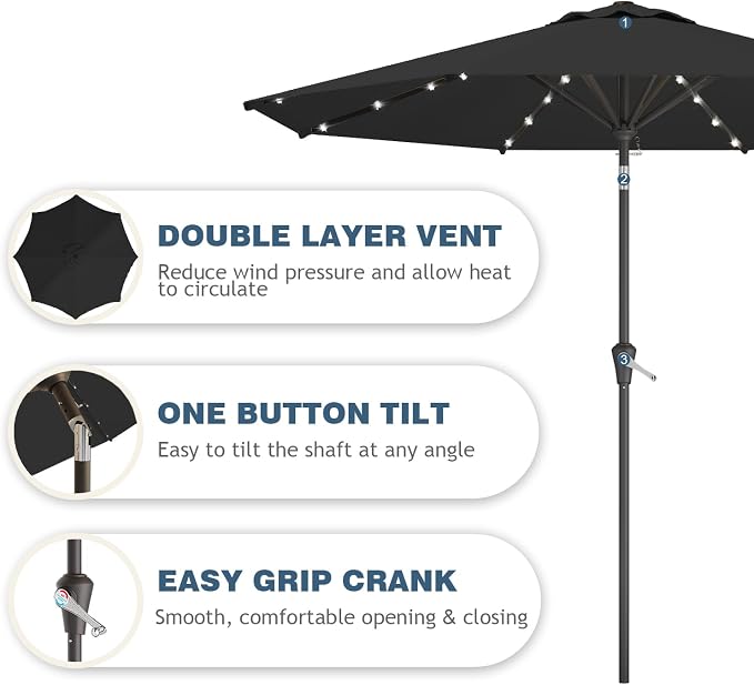 9FT Patio Umbrella with Solar Lights, Outdoor Market Umbrella with Tilt and - Image 2