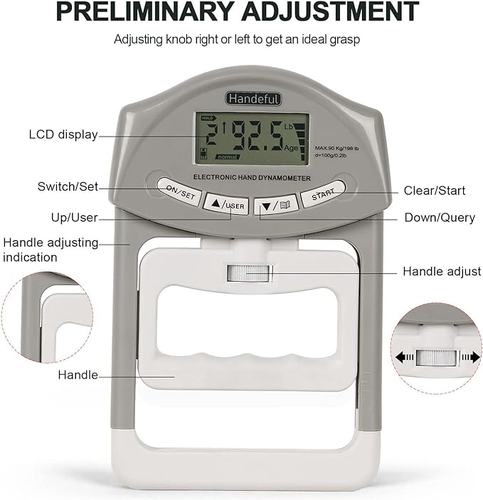 Handeful Grip Strength Tester, Hand Grip Dynamometer (198Lbs / 90Kgs), Electronic Handgrip Testing for Sports Home School Use