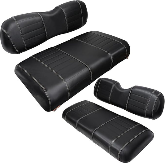 Golf Cart Seat Covers fits Club Car Precedent/DS/EZGO RXV/TXT/Yamaha Front Rear Seat Cushion，Black Leather Custom Stripe Soft Comfortable/Anti-Scratch/Easy to Clean