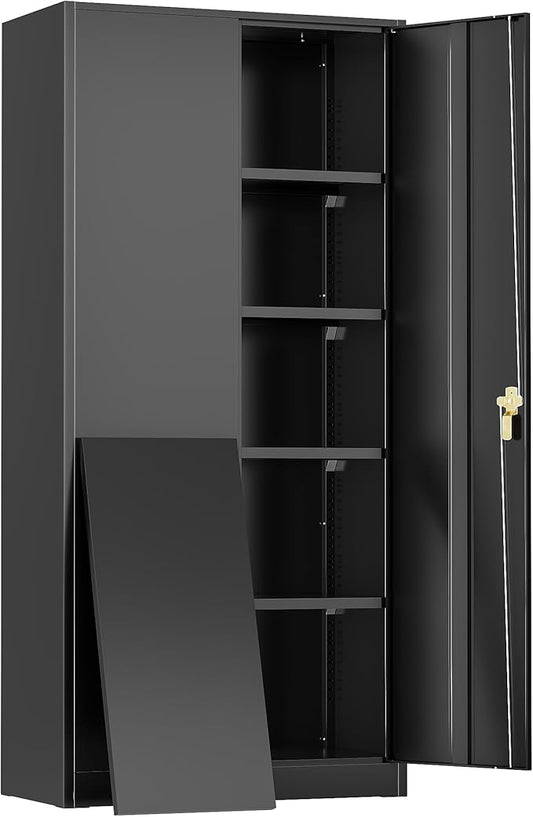 Greenvelly Metal Lockable Storage Cabinet, 72” Tall Storage Cabinet with 2 Doors and 4 Adjustable Shelves for Office, Home, Garage, Pantry (Assembly Required, 18”D, Black)