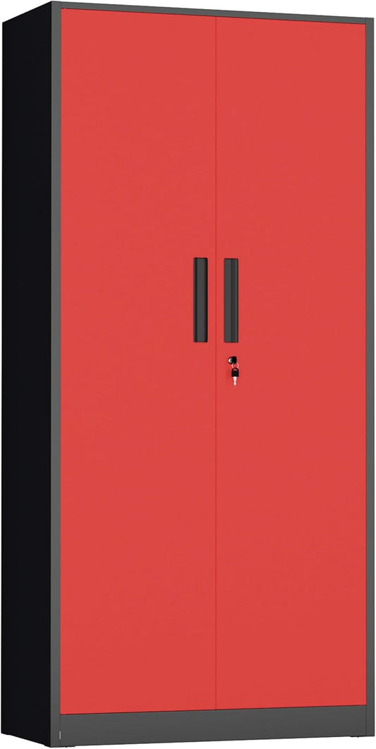 INTERGREAT Metal Storage Cabinet with Lock, 63" H Metal Cabinets Storage with 2 Doors and 4 Adjustable Shelves, Locking Garage Cabinet for Home Office, Kitchen, Bathroom (Black Red)
