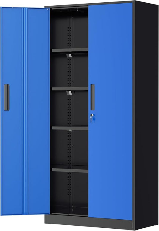 Greenvelly Metal Garage Storage Cabinet, 72" Tall Steel Storage Cabinets with 2 Doors and 4 Adjustable Shelves, Metal Tool Cabinets, Locking File Cabinet for Home Office, Garage, School (Black Blue)