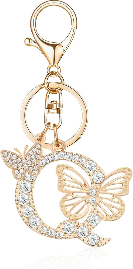 Gold Plated Alphabet Initial Letter Keyring Keychain for Women Girls Crystal Key Chains for Wallet Backpack Bag Charm