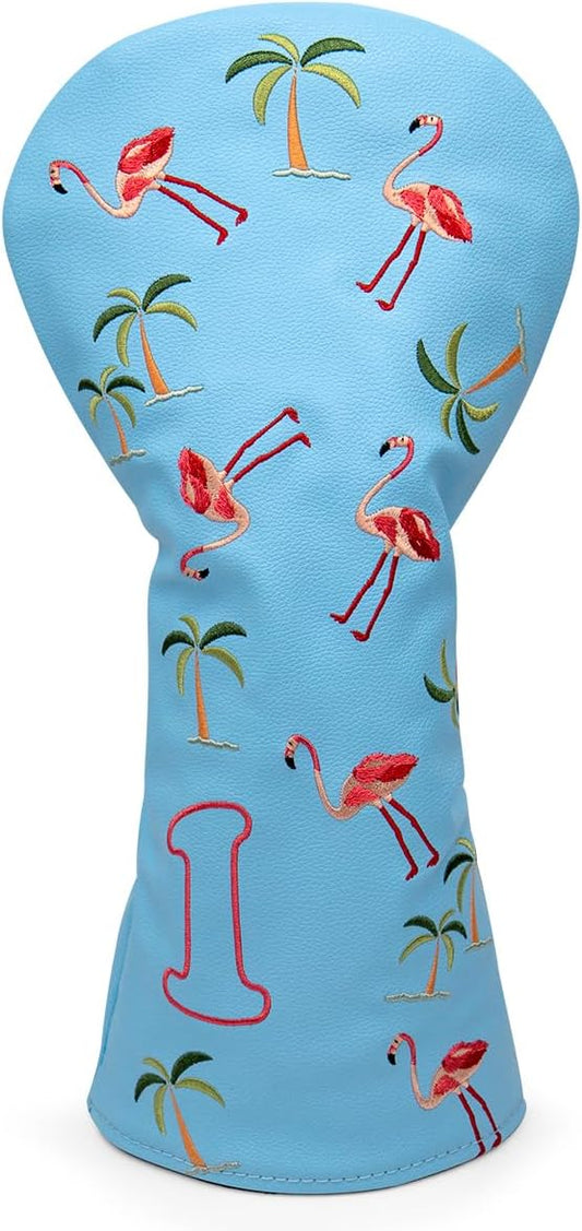Golf Club Head Covers Golf Driver Fairway Hybrid Head Cover Flamingo Design Premium Leather Waterproof Driver Fairway(FW) Wood Hybrid(UT) with Number Tags 3 Wood Headcover