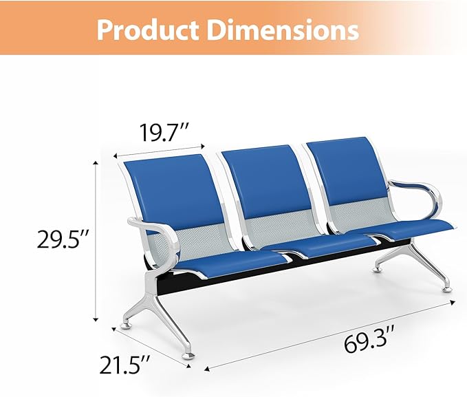 Kinfant Blue 12-Seat Waiting Room Chairs with Arms – Heavy-Duty Steel Frame PU Leather Back & Cushioned Seat, Ergonomic Office Reception Guest Chair for Lobby, Clinic, Airport